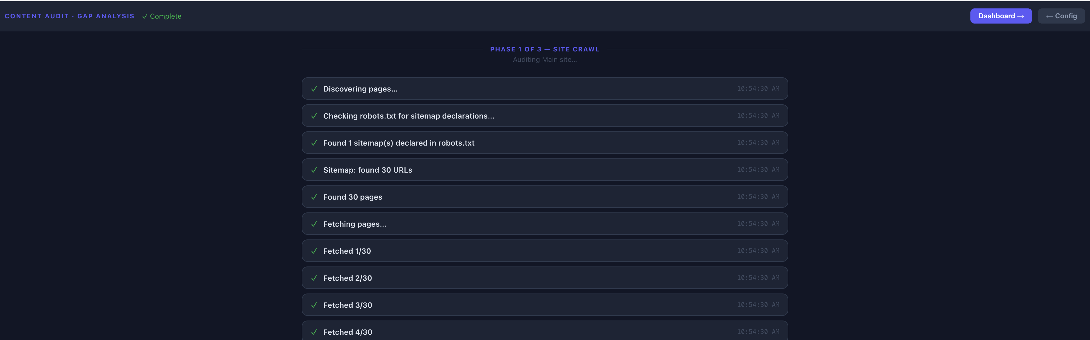 The live crawl: discovering the sitemap, finding pages, and fetching them