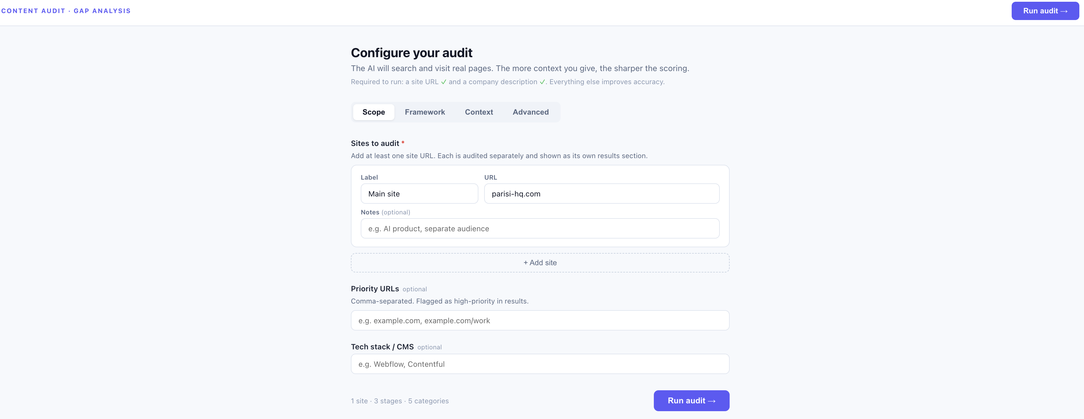 The Scope tab: entering a site URL to audit